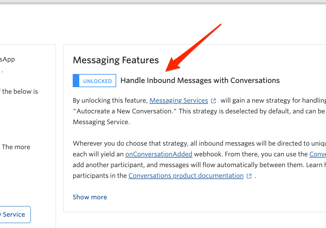'Handle Inbound Messages with Conversations' toggle switched to UNLOCKED.