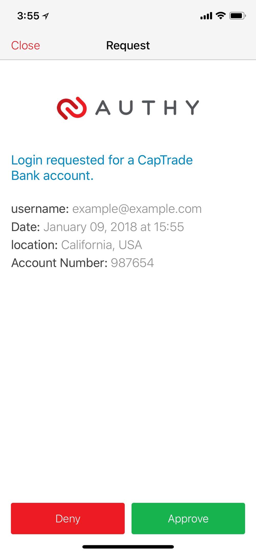 Authy push authentication request from Cap Trade bank.