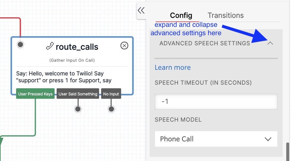 Advanced settings for Gather Input on Call widget can be toggled by clicking on the carat (^) underneath all other configuration settings.