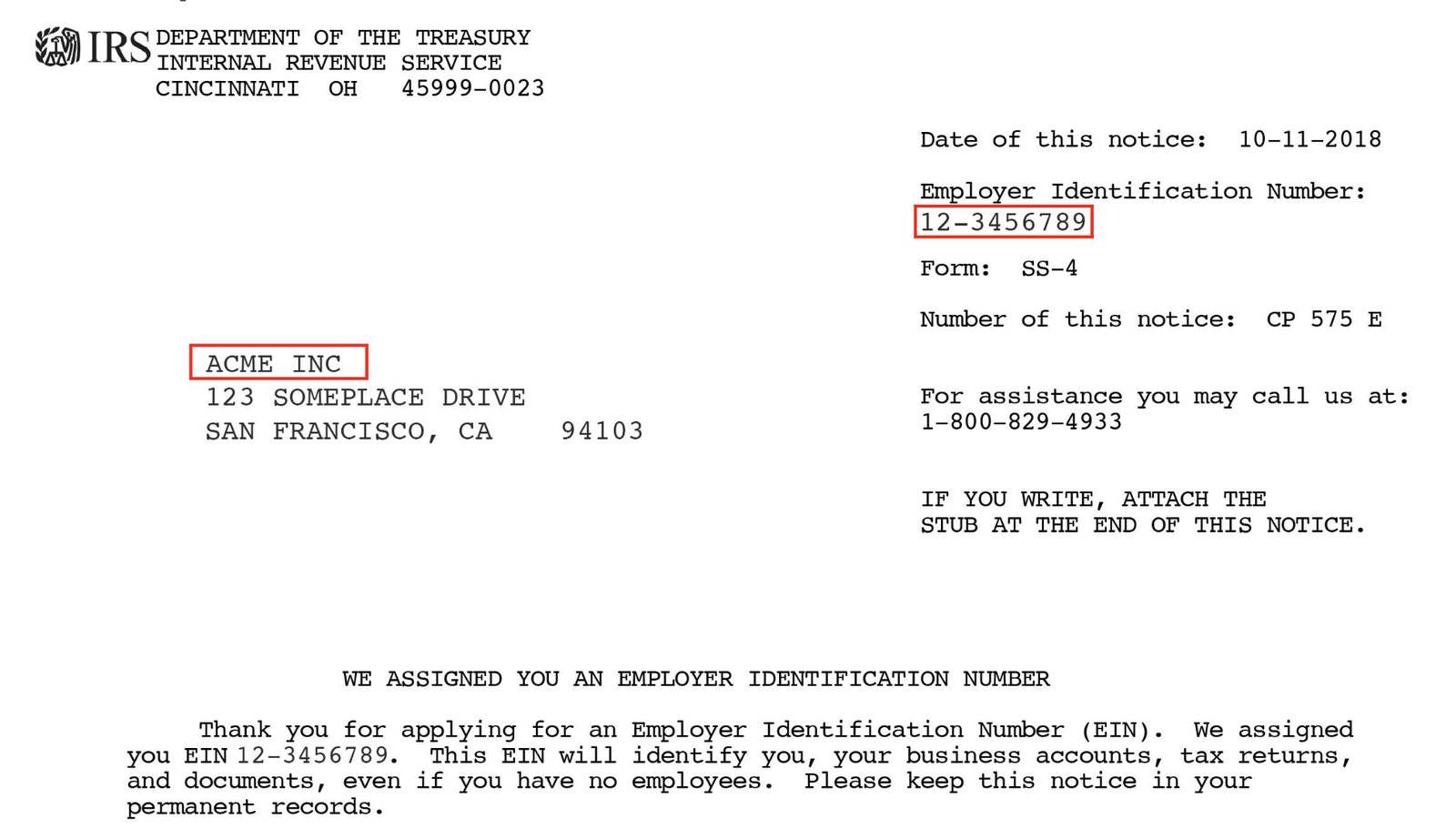 Sample CP575 letter showing assigned EIN and business name and address.