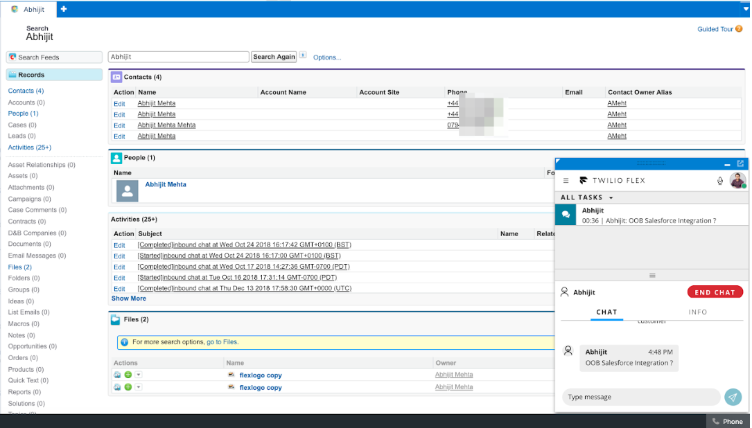 Salesforce-Flex integration: Search results for existing contacts (Salesforce Classic).