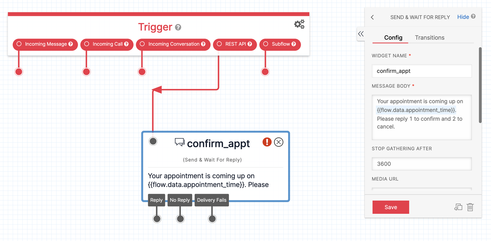 Twilio Studio Tutorial Appointment Reminders confirm_appt Widget shown with configuration panel to the right. The REST API trigger is connected to the confirm_appt Widget.