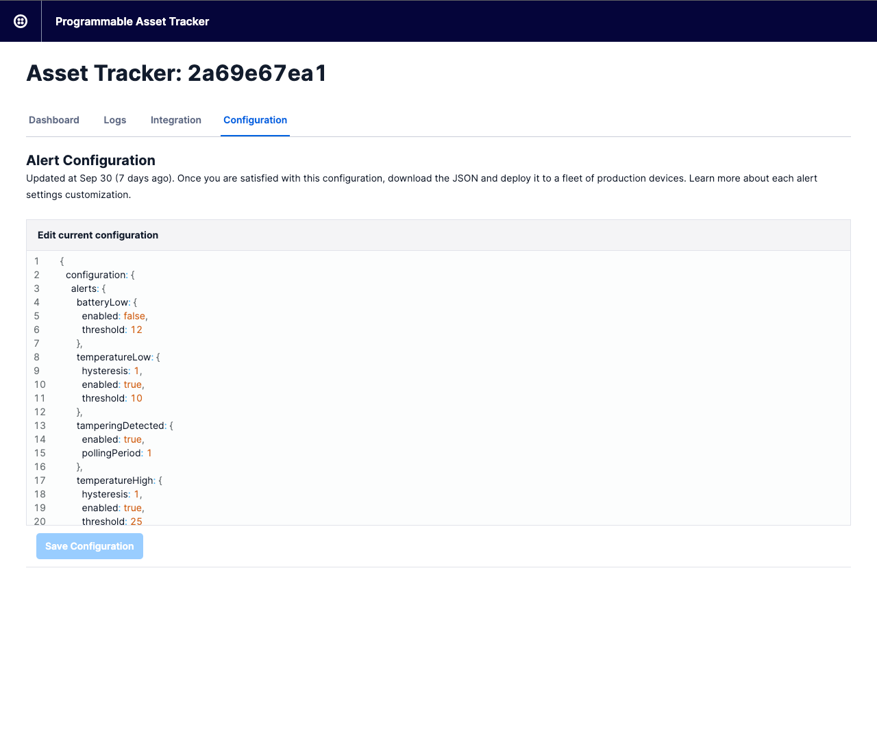 The Twilio Programmable Asset Tracker UI's configuration view.