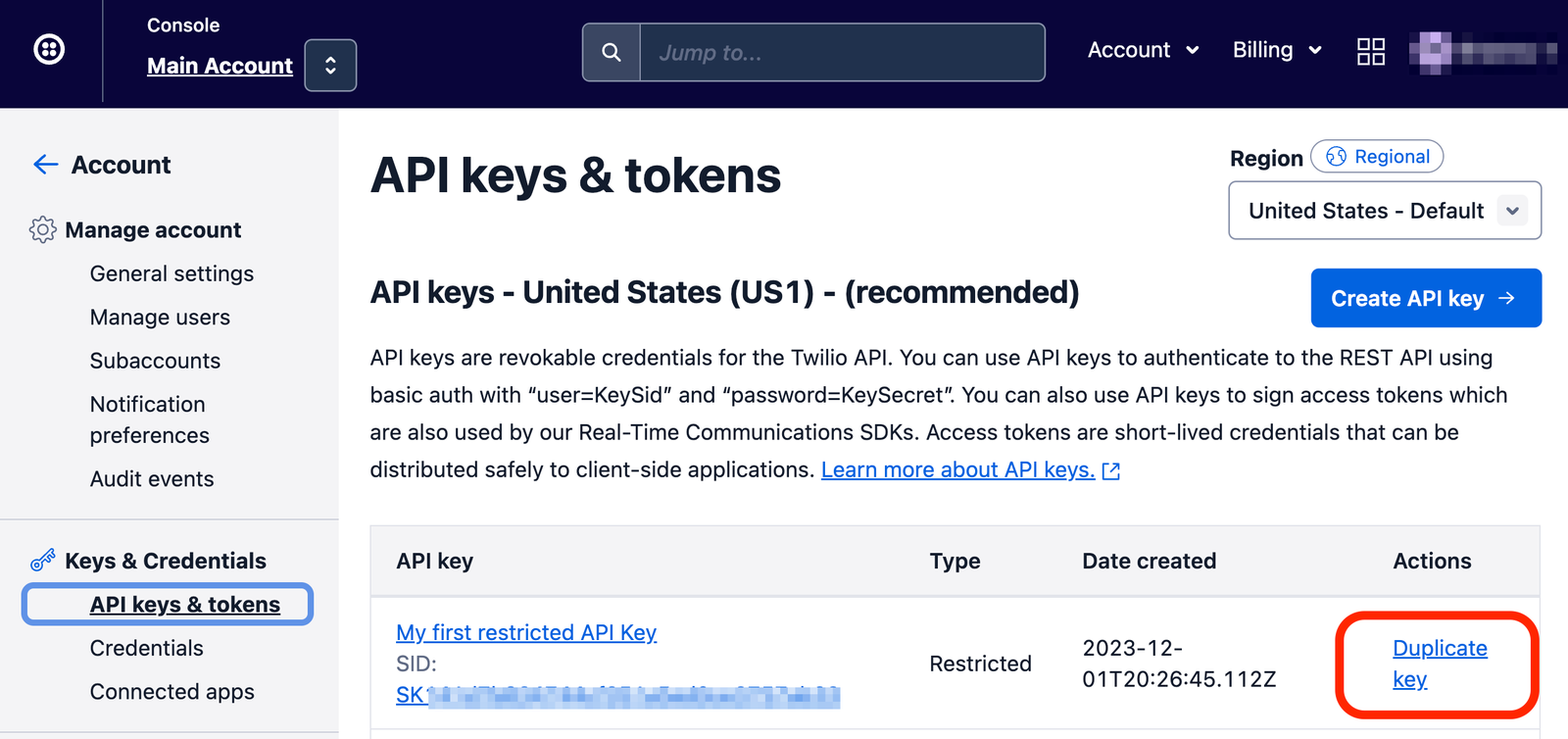 Highlighting the 'Duplicate key' option on the API keys & tokens page in the Console.