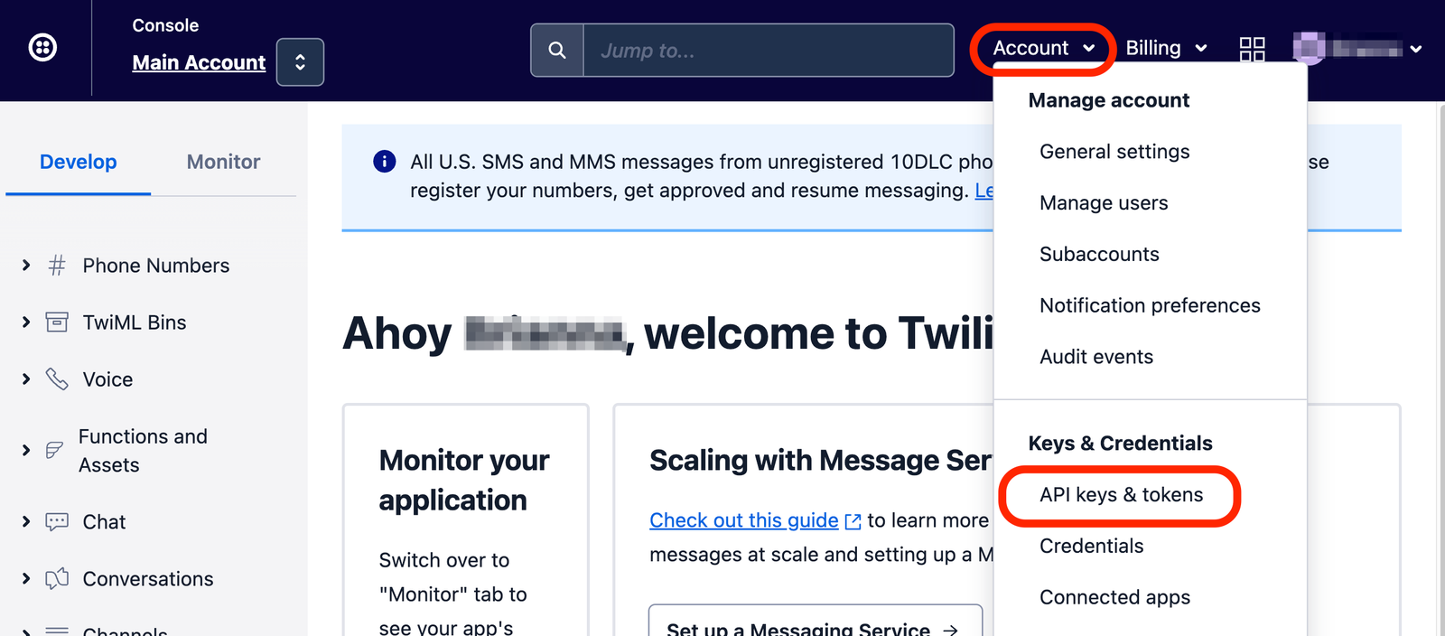 Screenshot of Twilio Console highlighting 'Accent' menu in top right corner and 'API Keys and tokens' link.