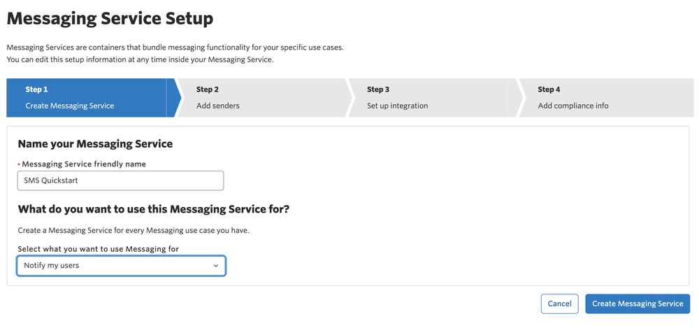 Notify SMS Quickstart - create Messaging Service.