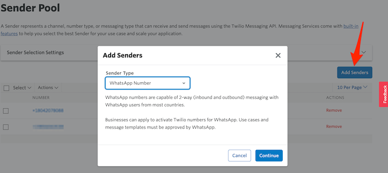 Add WhatsApp-enabled Sender to Messaging Service.