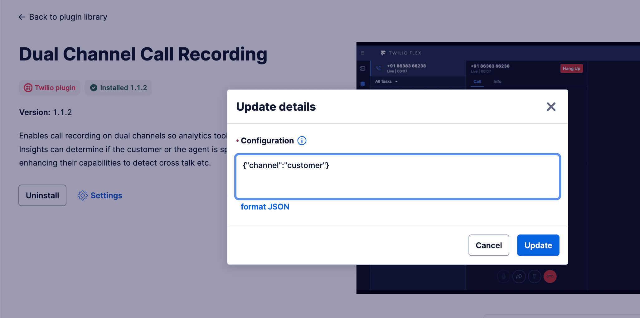 Shows how to set the channel attribute to customer.