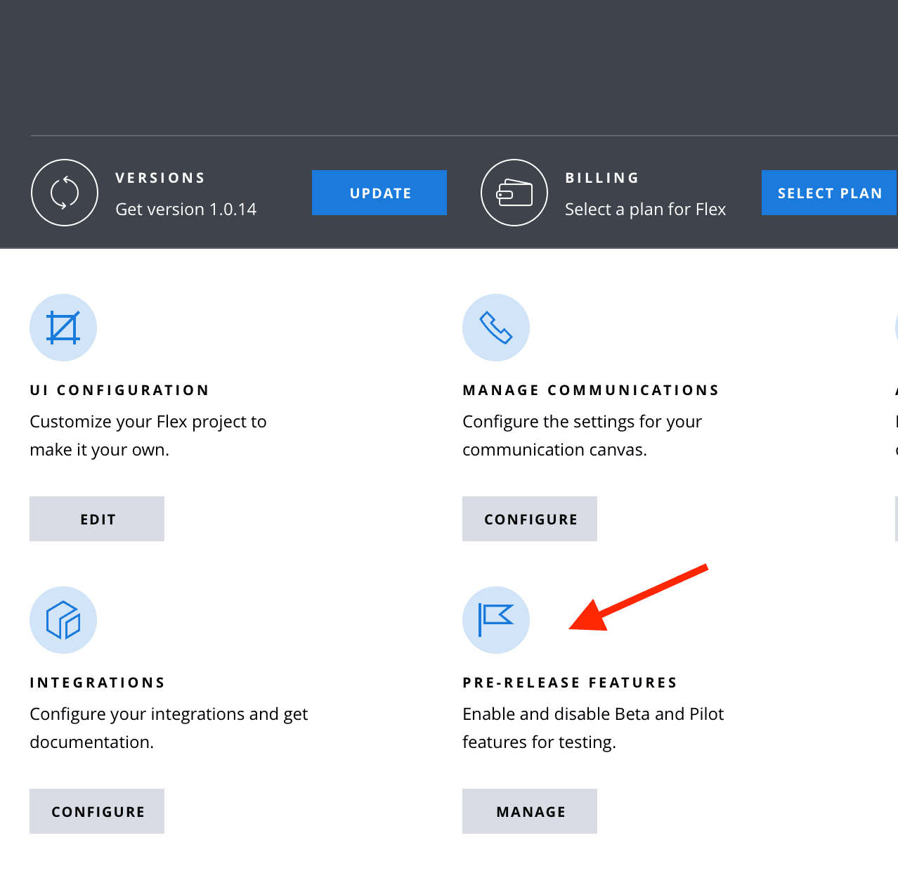 Pre-release features section with manage button highlighted for enabling beta features.