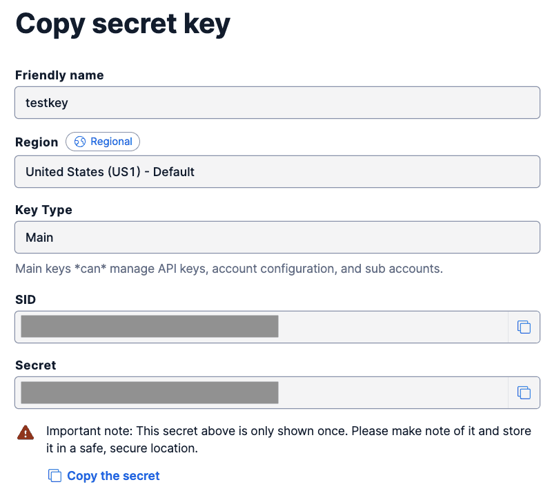 Copying the Twilio API key.