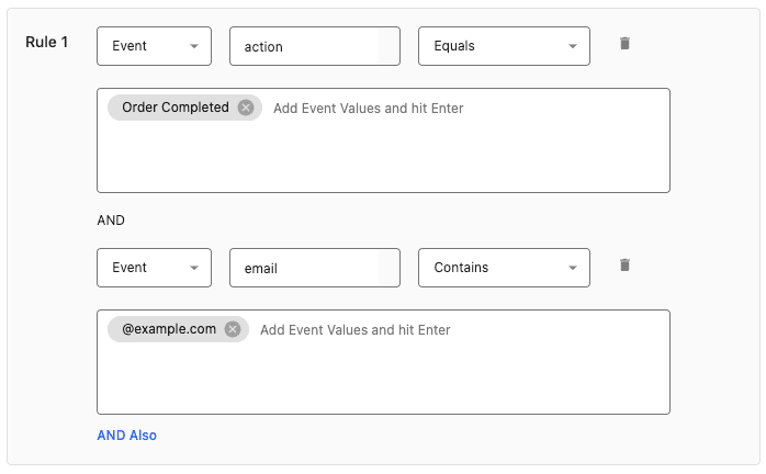 Image showing event rule in StackAdapt the matches an Order Completed event with an email containing @example.com.
