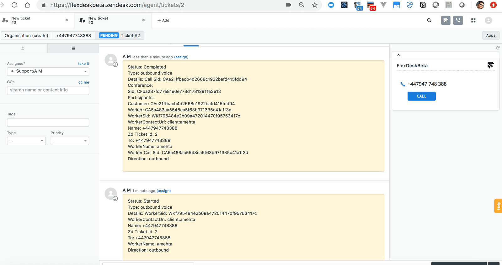 Zendesk ticket showing completed and started outbound voice call details with FlexDeskBeta integration.