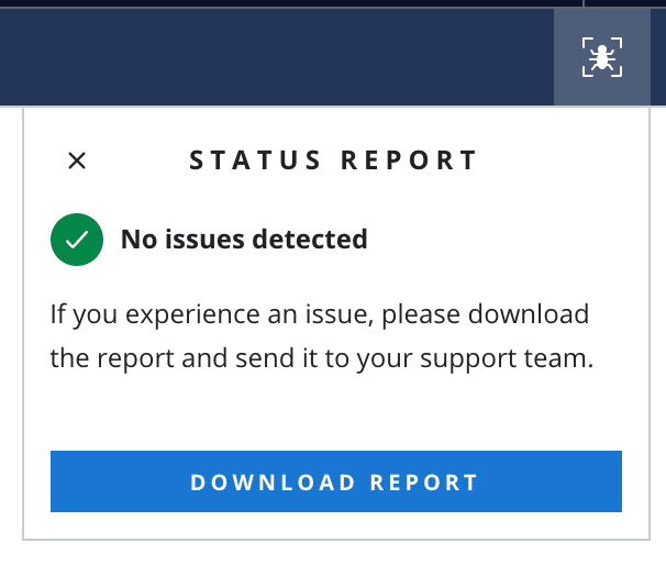 Status report with no issues detected and download report button.