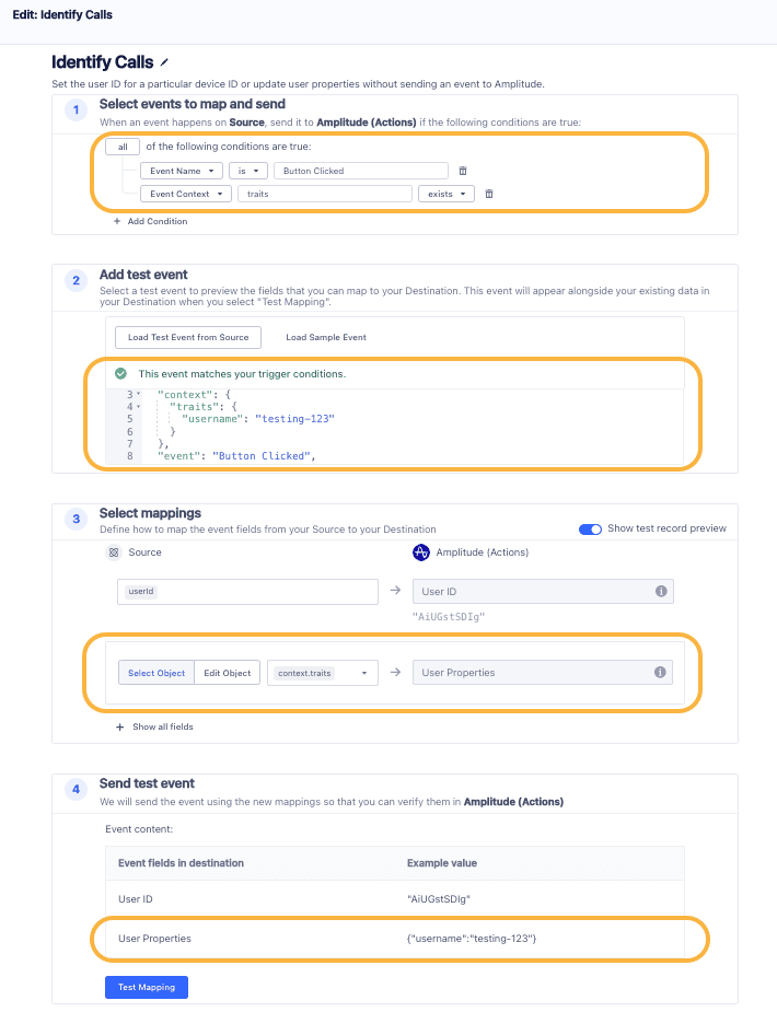 Identify Action - Triggered by Button Clicked Track event with context traits.