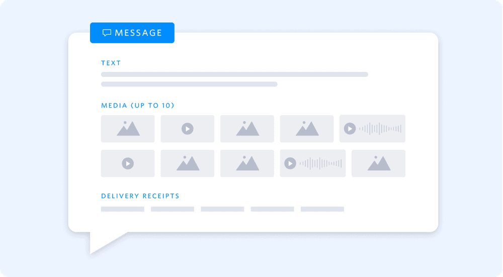 Message interface showing text, media options, and delivery receipts.