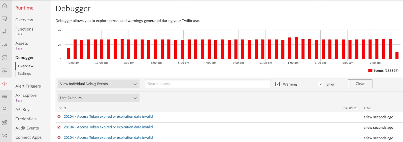 Twilio debugger showing error code 20104 for expired access tokens over 24 hours.