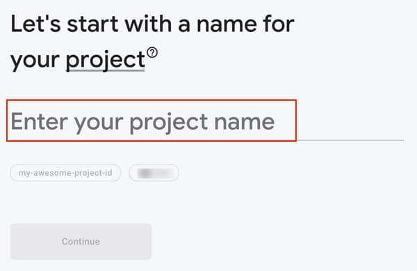 Prompt to enter a project name with example 'my-awesome-project-id'.