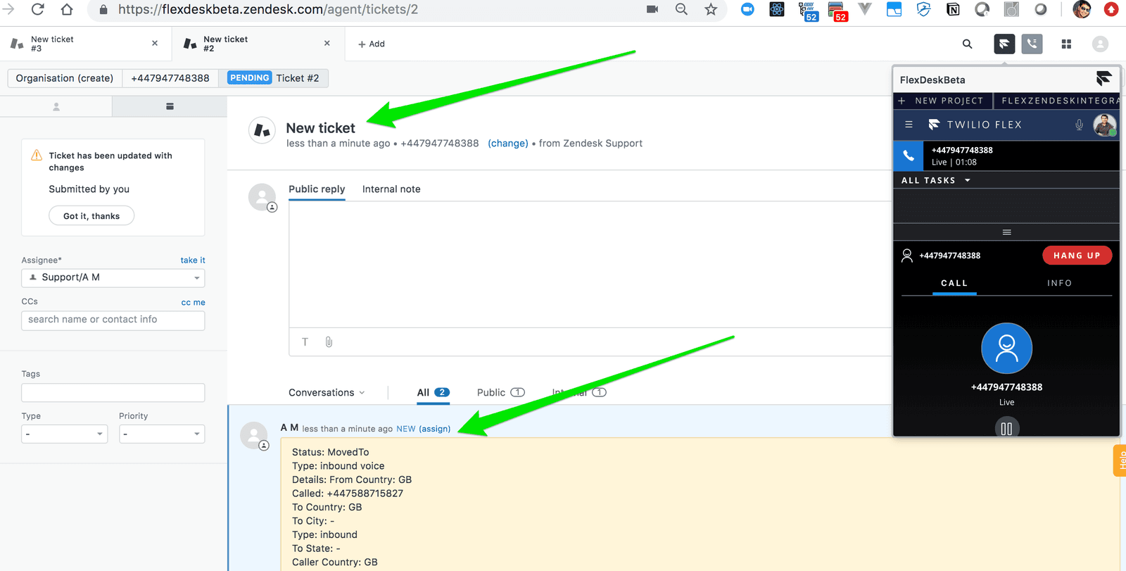 Zendesk interface showing new ticket with Twilio Flex call in progress.