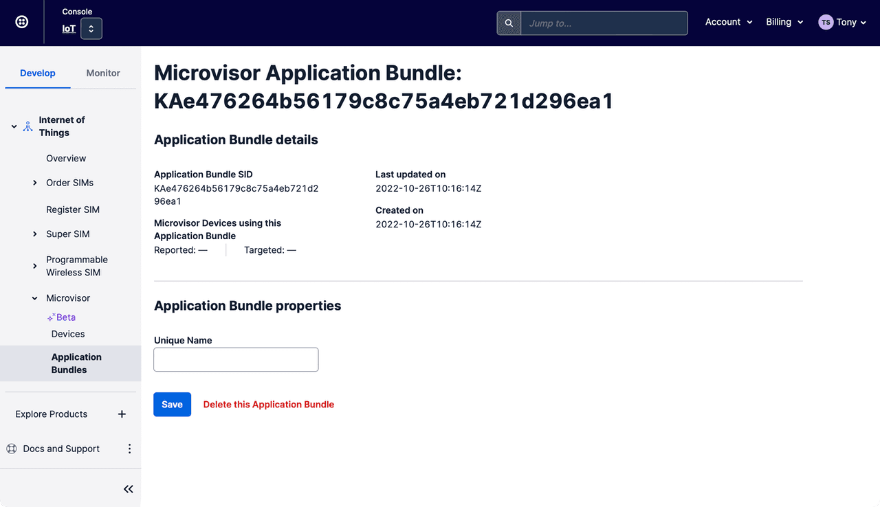 Your Microvisor app details in the Twilio Console.