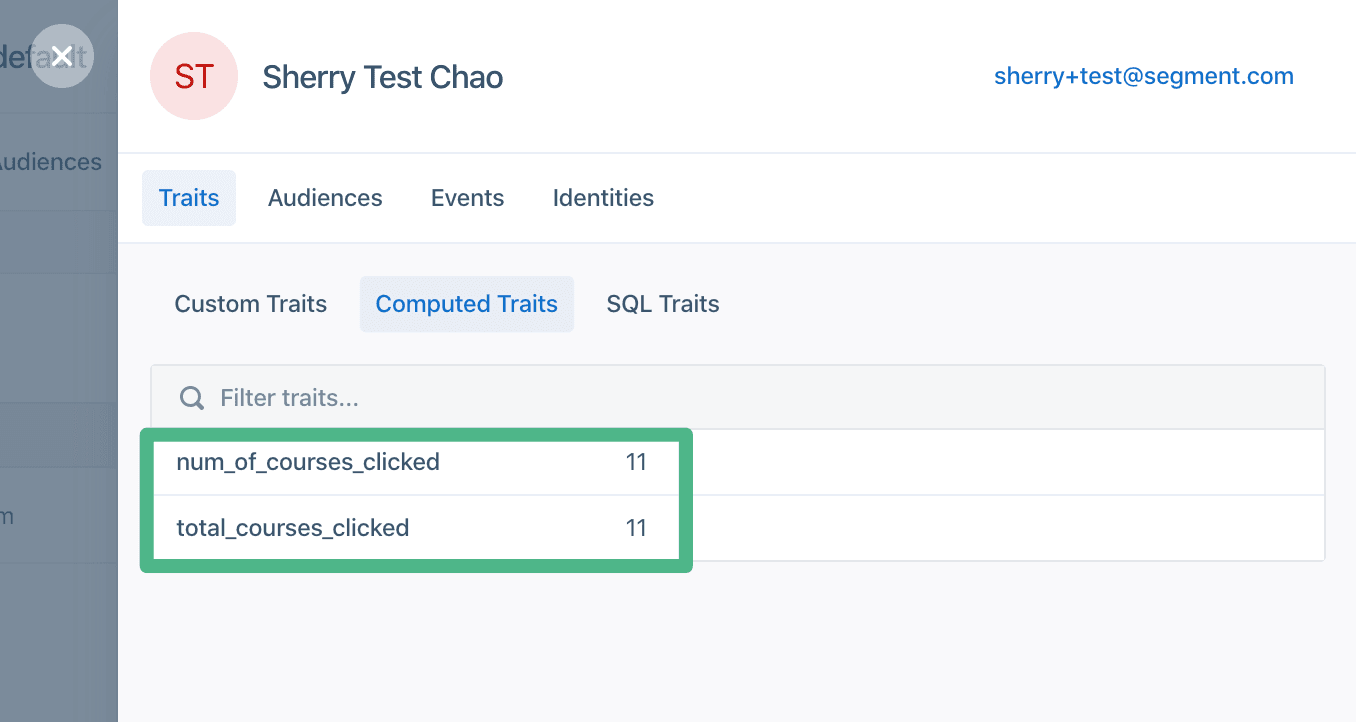 A screenshot of a profile in Segment, with the Traits tab selected.