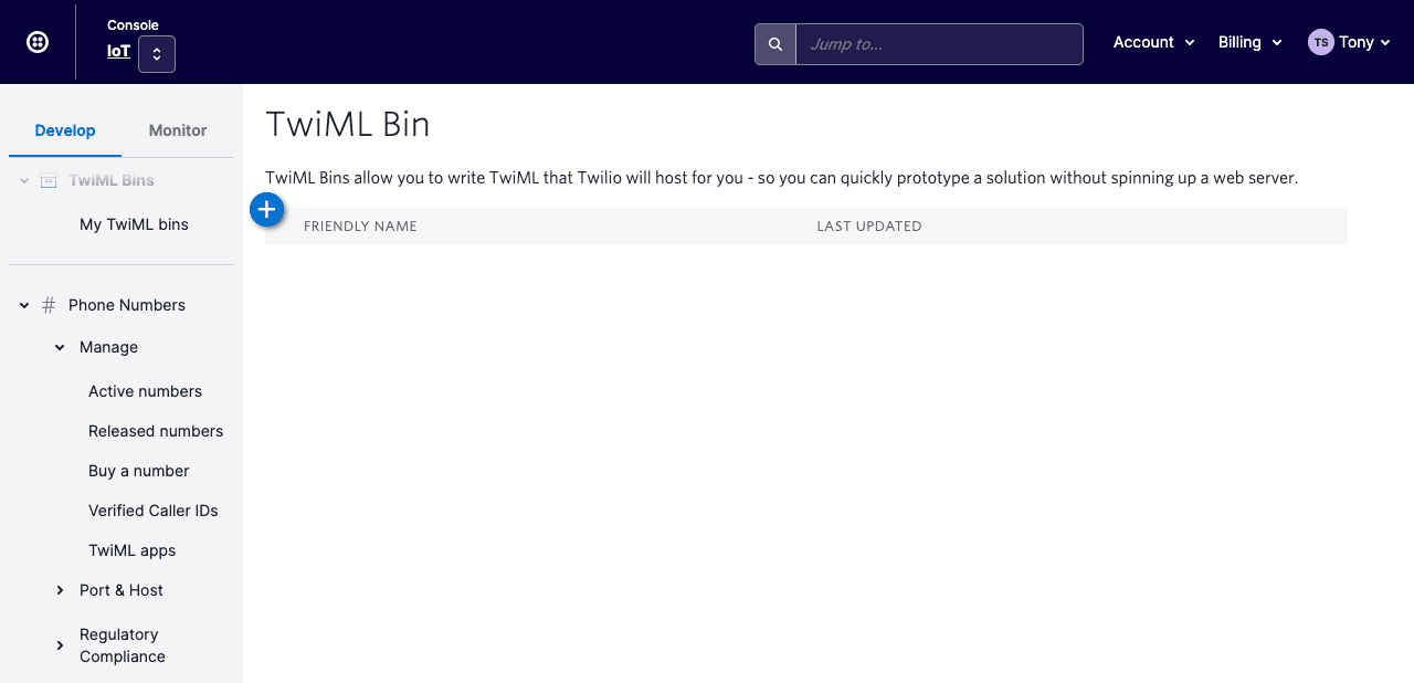 TwiML Bin configuration for call forwarding with XML code to dial a number.