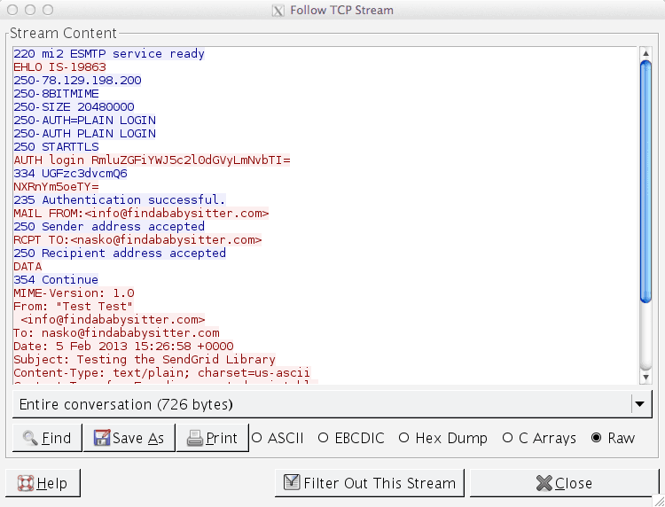 TCP stream showing email authentication and message details.