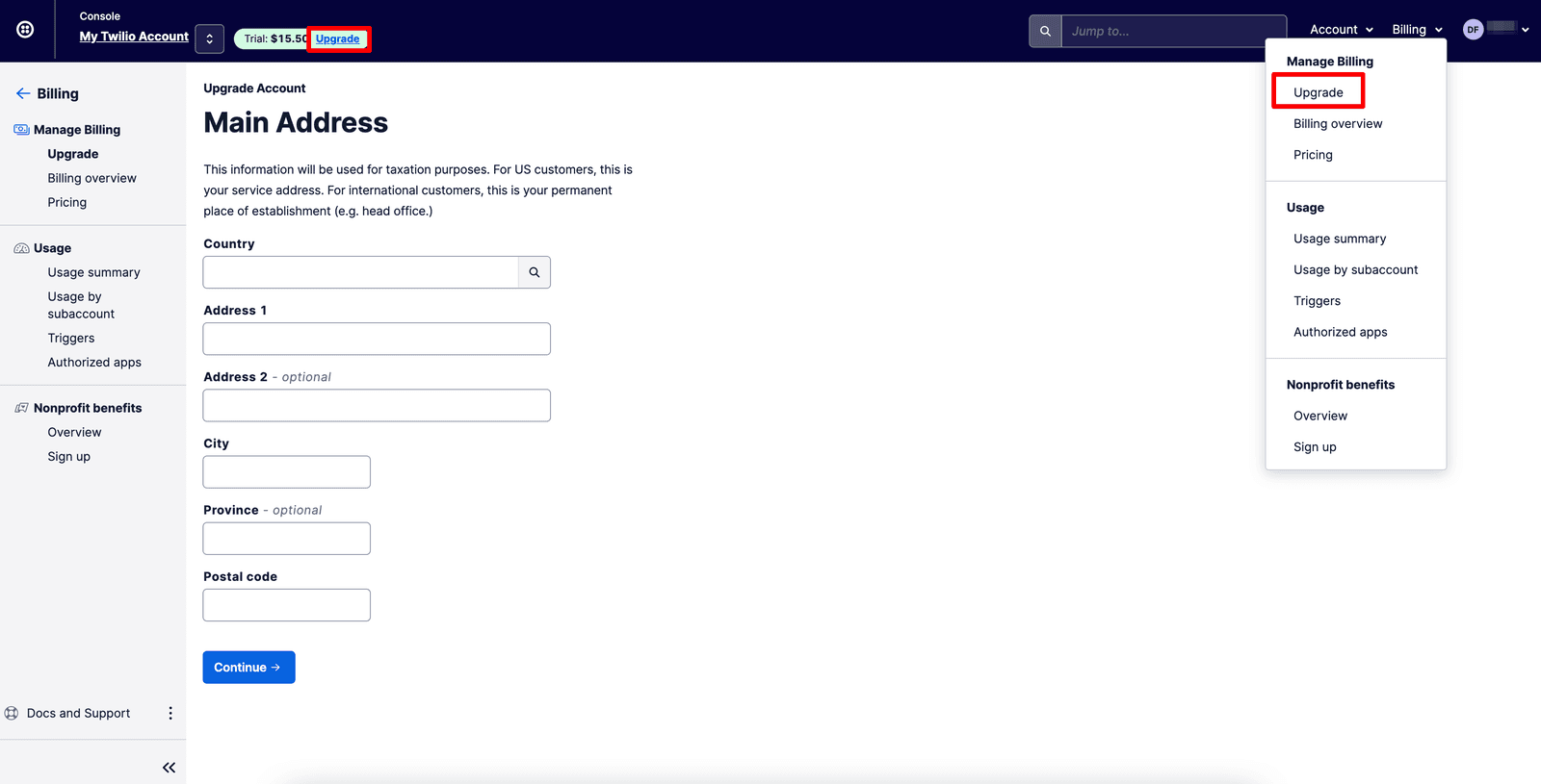 Upgrade account form with fields for address and billing options menu.