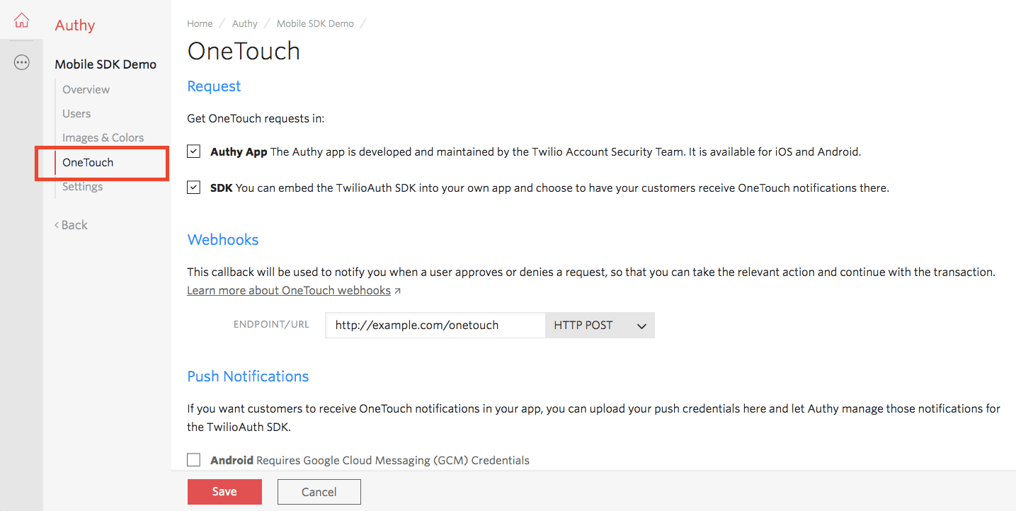 OneTouch settings with options for Authy app and SDK, webhook URL, and push notifications.