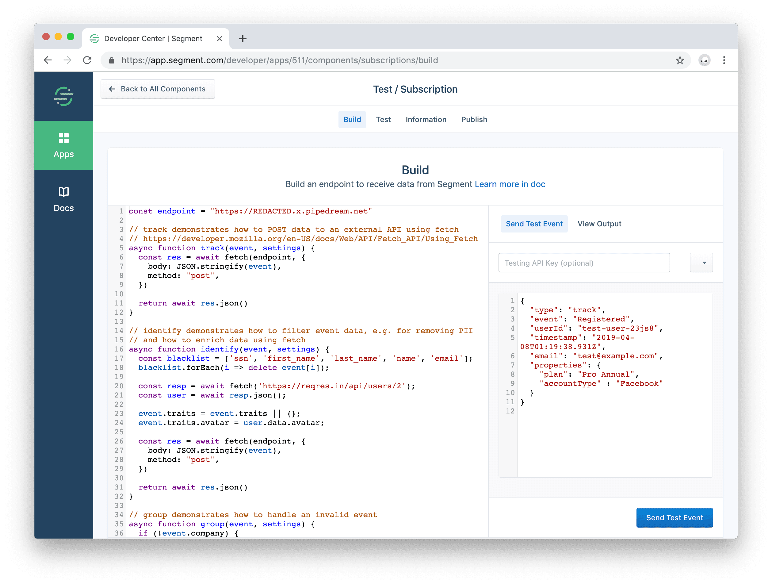 Screenshot of the Build tab in the Developer Center.