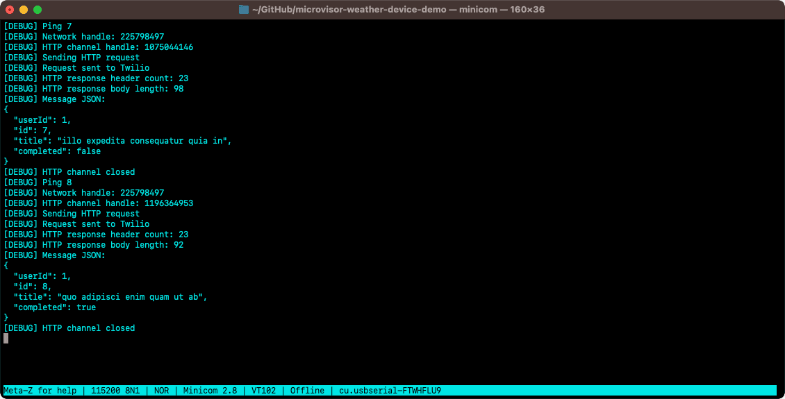Debugging messages viewed in a local terminal.