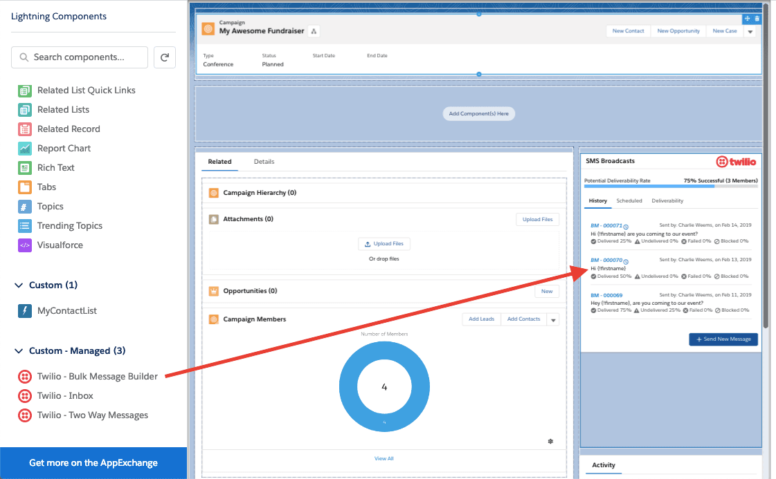 Salesforce campaign interface with SMS broadcasts and Twilio integration.