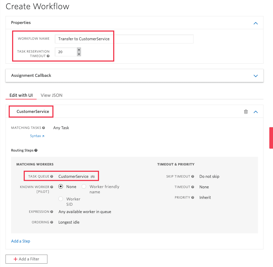 Workflow setup for transferring tasks to CustomerService with a 20-second reservation timeout.