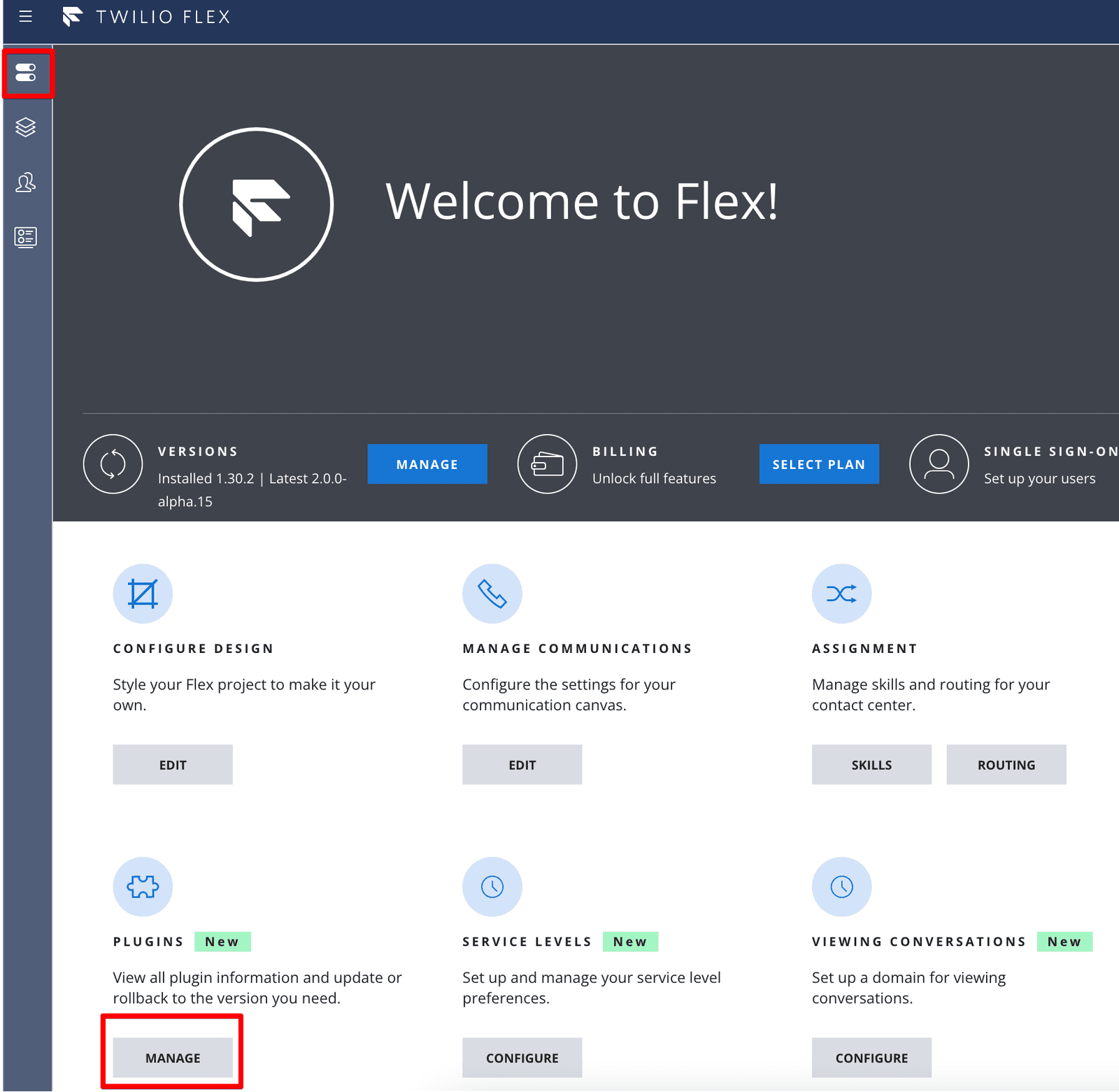 flex admin view manage plugins.