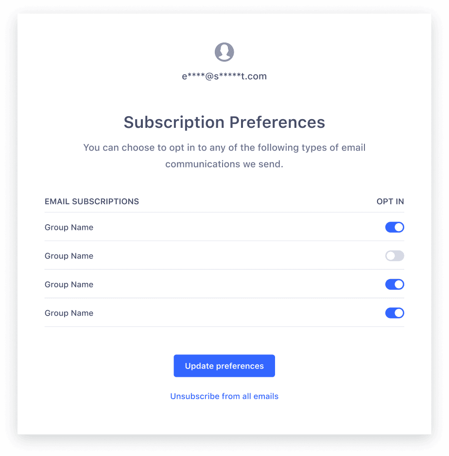 The subscription preferences page users see when opting in and out of subscription groups.