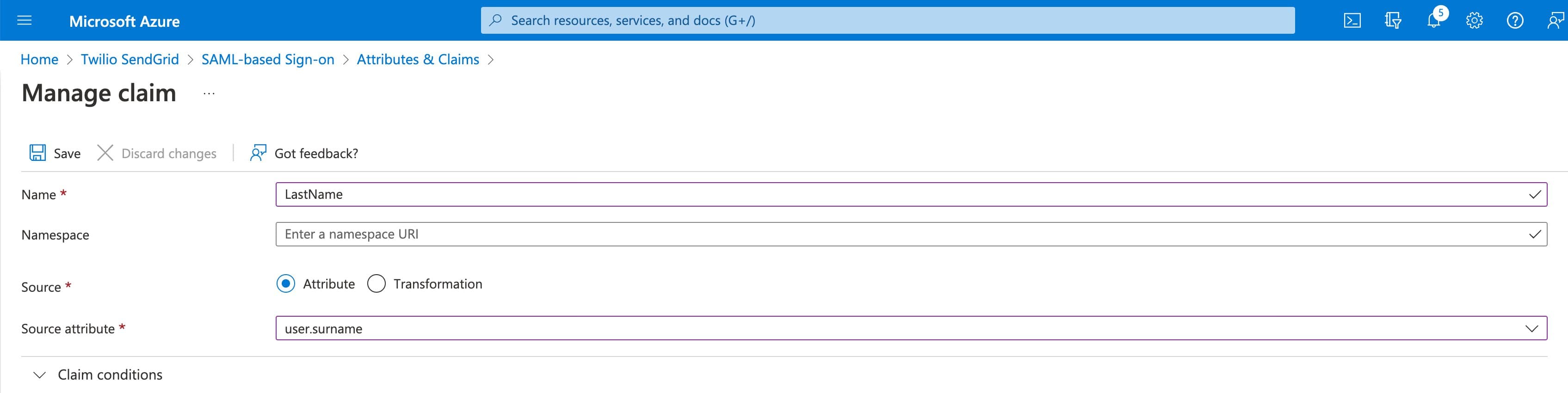 The LastName attribute settings.