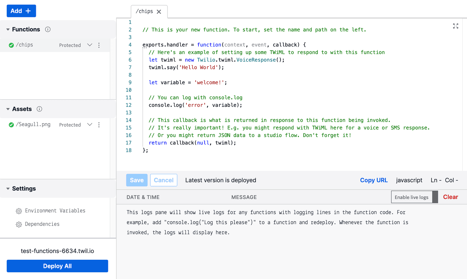 Twilio Functions Console showing code editor with example TwiML function and logs pane.