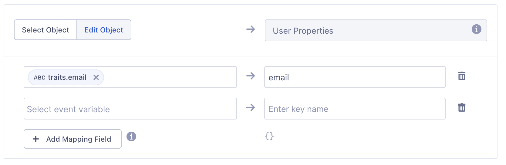 Screenshot of mapping traits.email from Segment to Mixpanel email field, which Segment transforms to $email.
