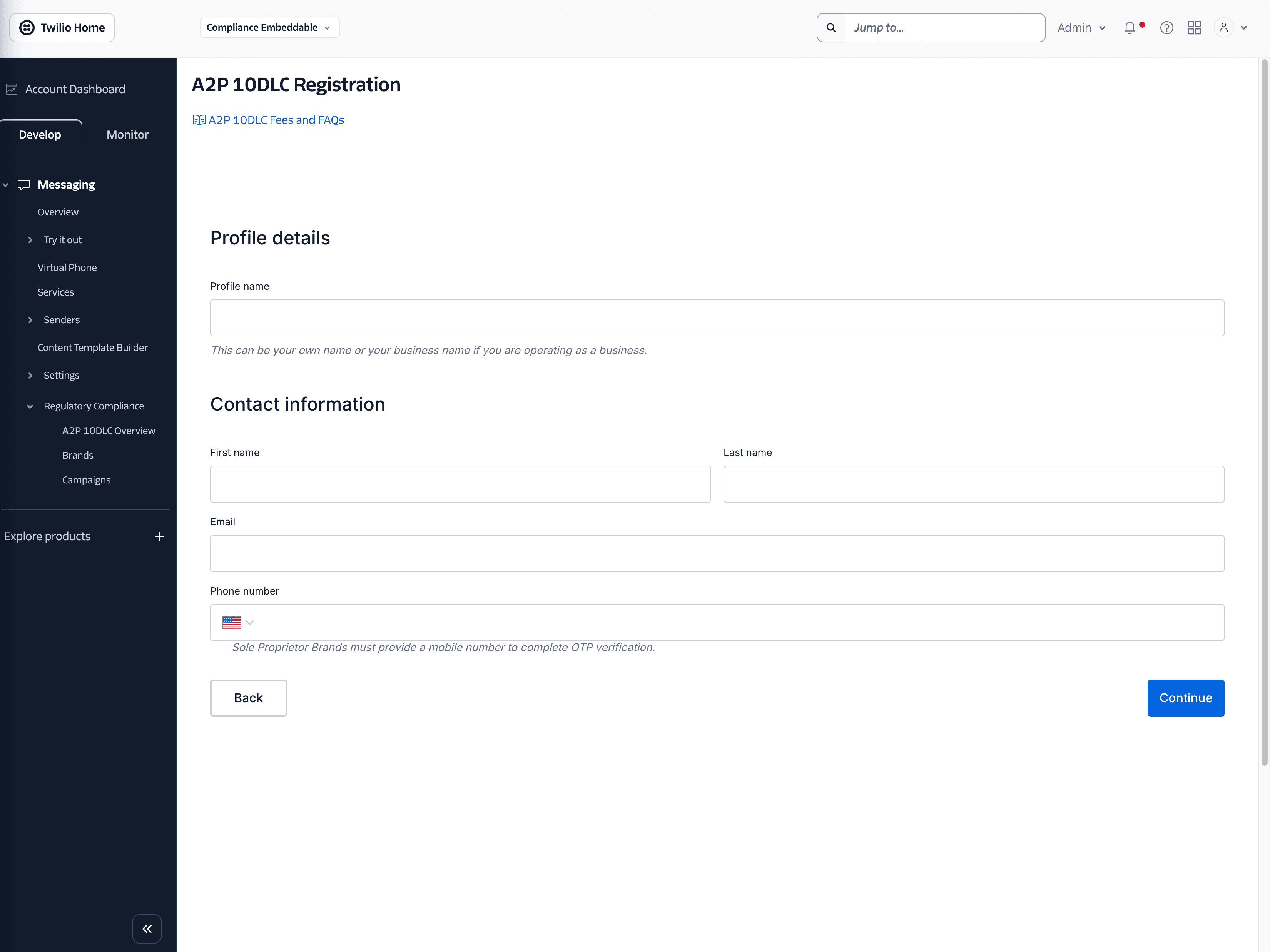 Form fields for business profile including name, contact, email, and phone number.