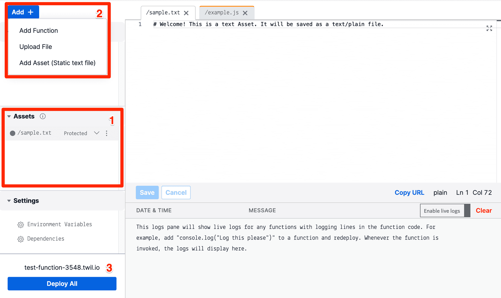 Twilio serverless UI showing asset management and logging features.