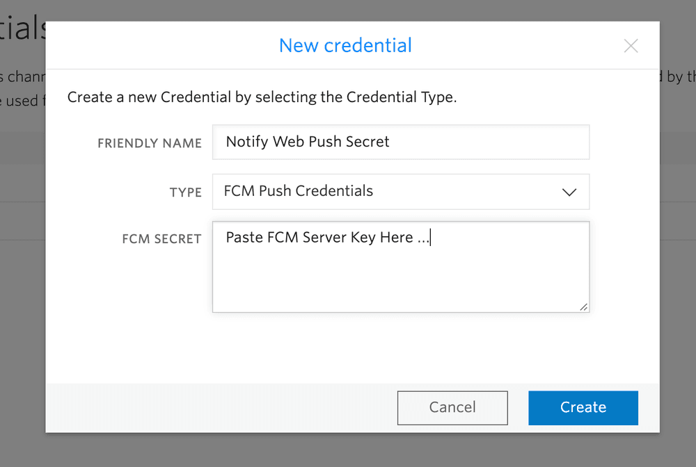 Form to create a new credential with fields for friendly name, type, and FCM secret.