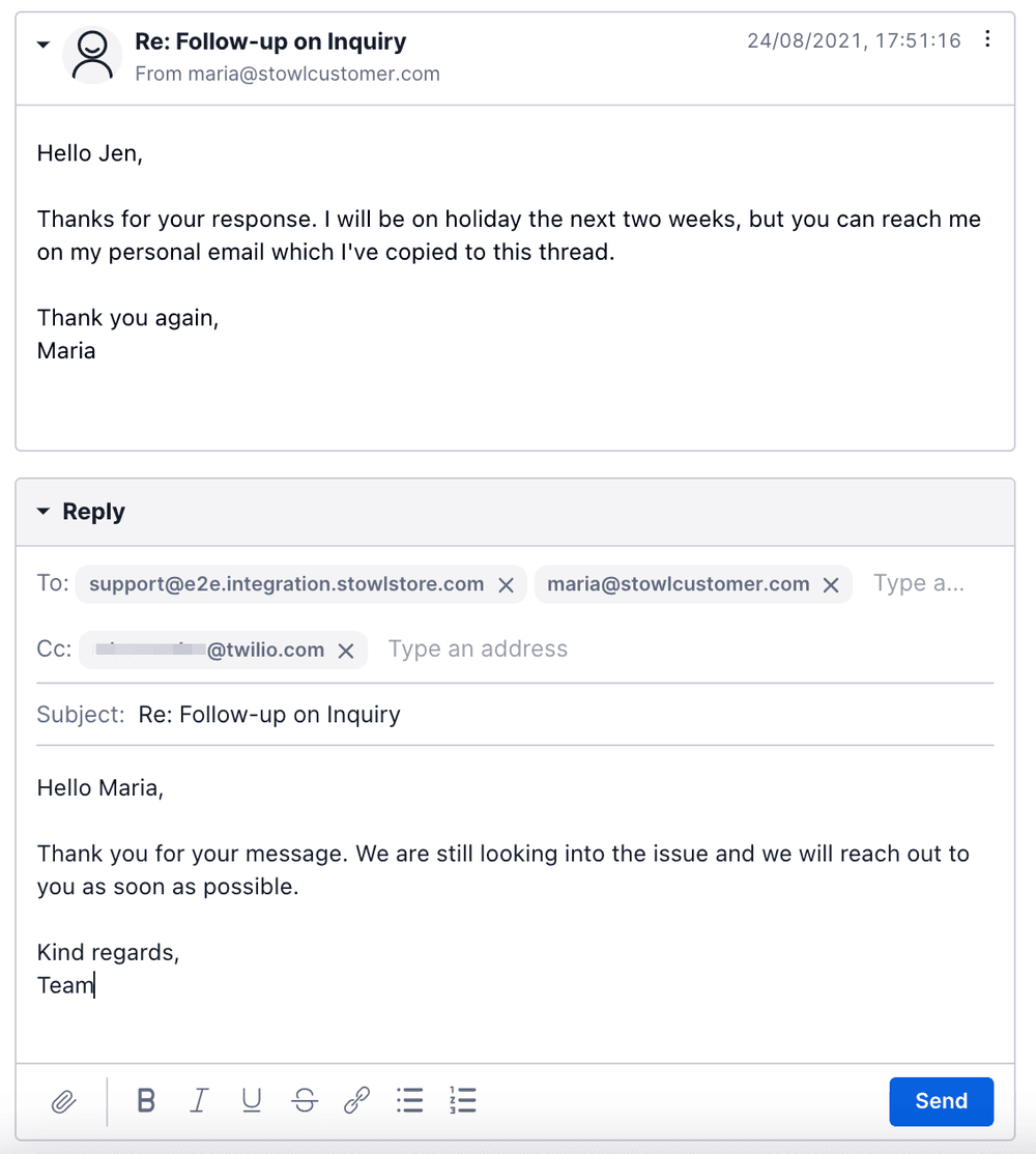 Email reply with addresses in To and CC fields, subject 'Re: Follow-up on Inquiry'.