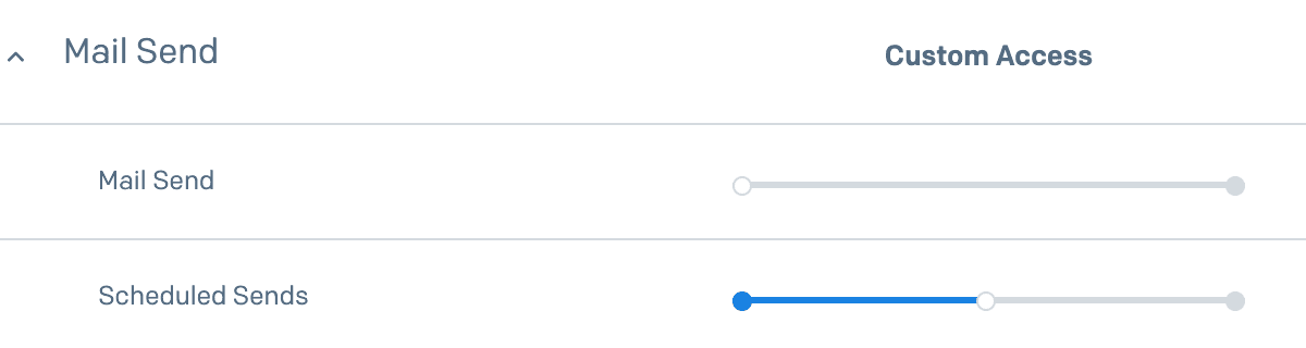 Mail Send and Scheduled Sends access sliders under Custom Access.