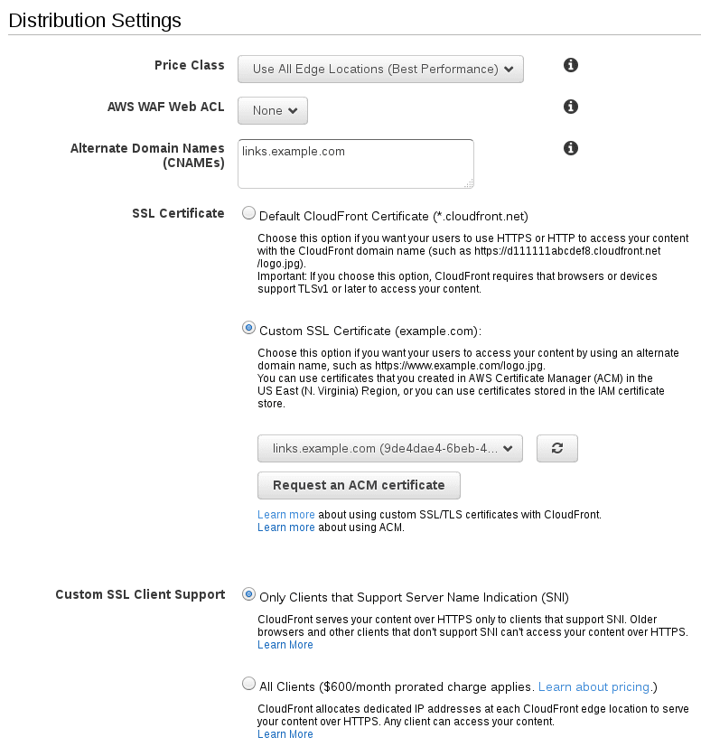 CloudFront distribution settings with options for price class, AWS WAF, CNAMEs, SSL certificates, and client support.