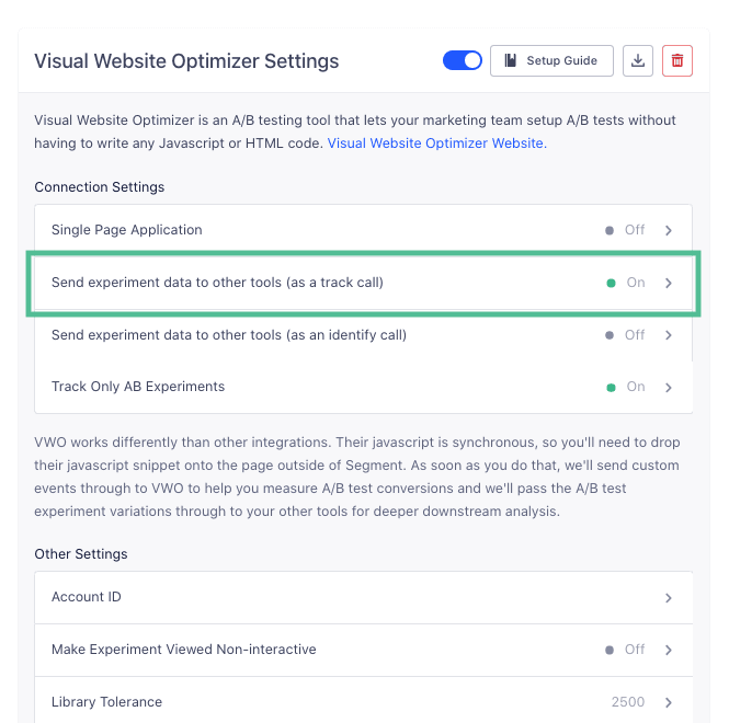 Visual Website Optimizer settings with 'Send experiment data to other tools (as a Track call)' enabled.