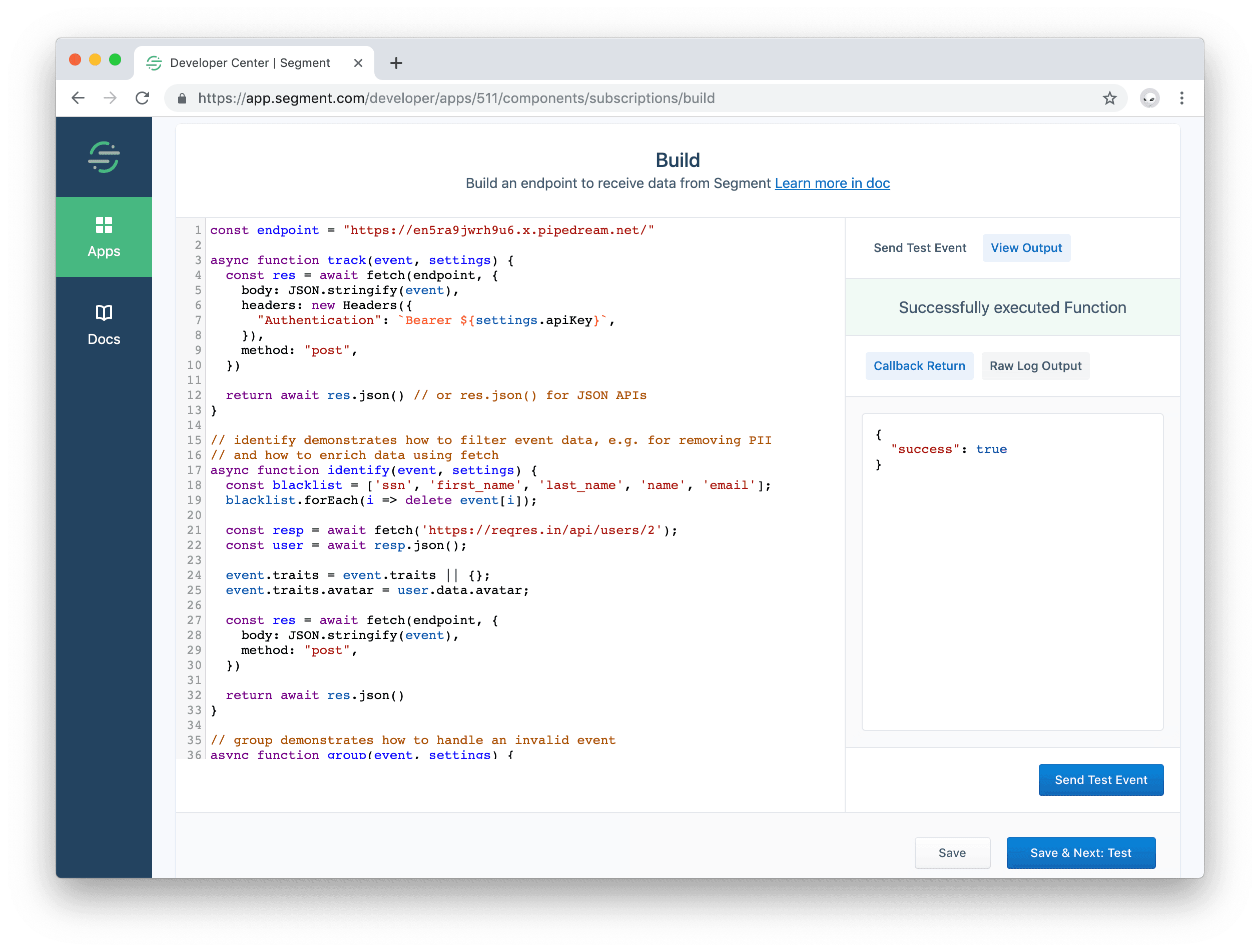 Screenshot of the Build tab in the Developer Center, with a View Output button selected in the test event panel.