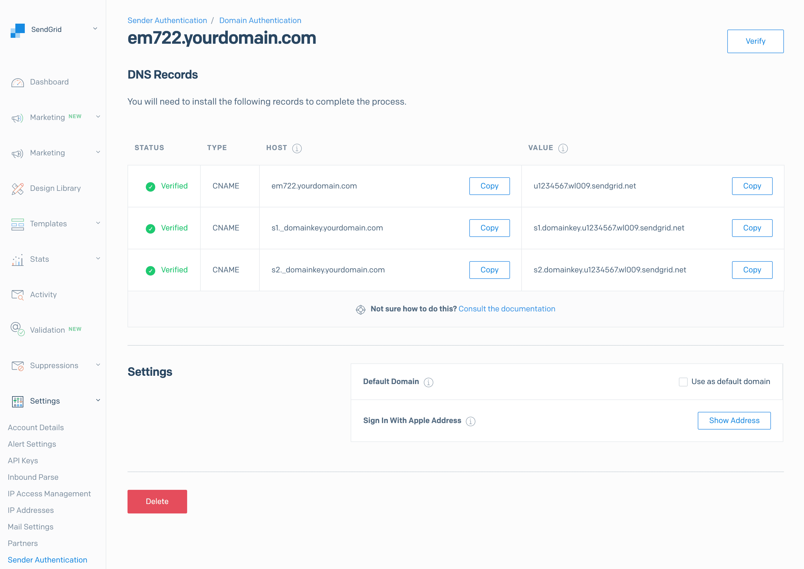 DNS records for em722.yourdomain.com with CNAME entries and verification status.