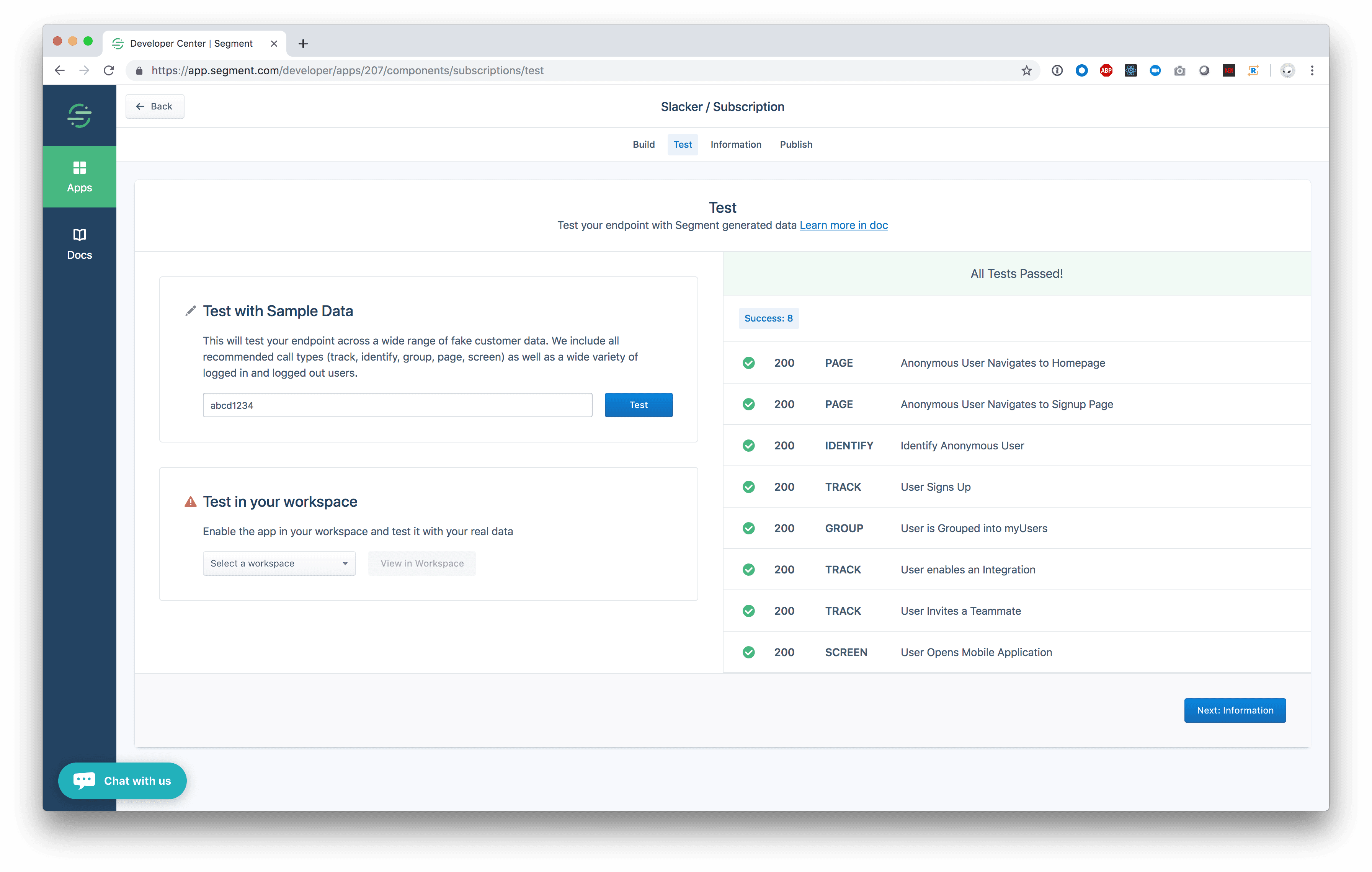 Screenshot of the Test tab in the Developer Center, which shows the results for each Segment Spec method.