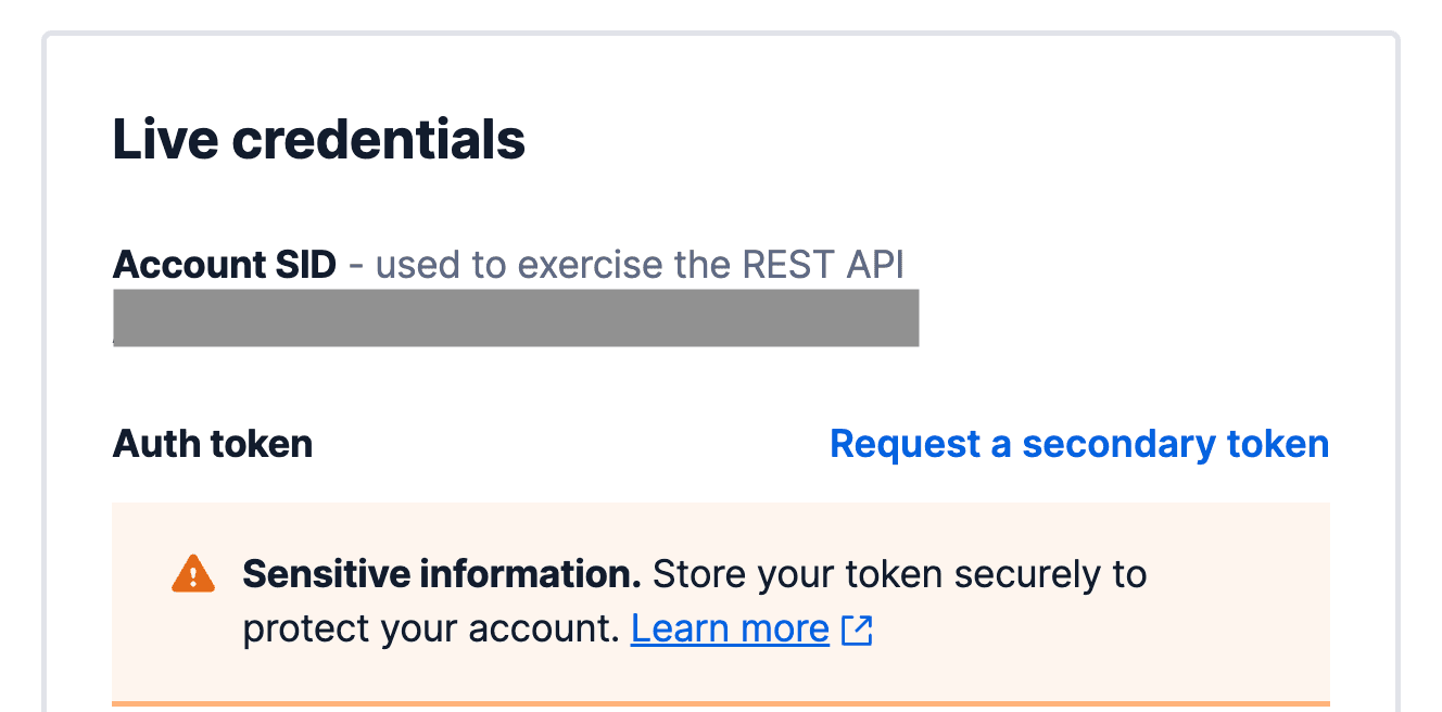 Copying the Twilio Account SID key.