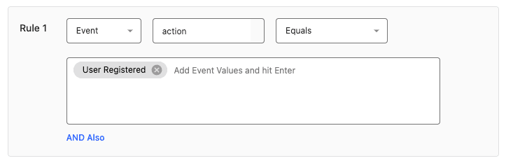 Image showing event rule in StackAdapt the matches a User Registered event.