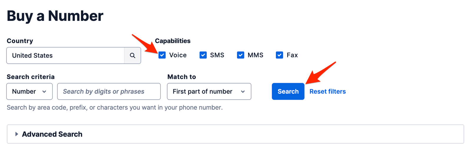 Interface for buying a number with search options for country, capabilities, and criteria.